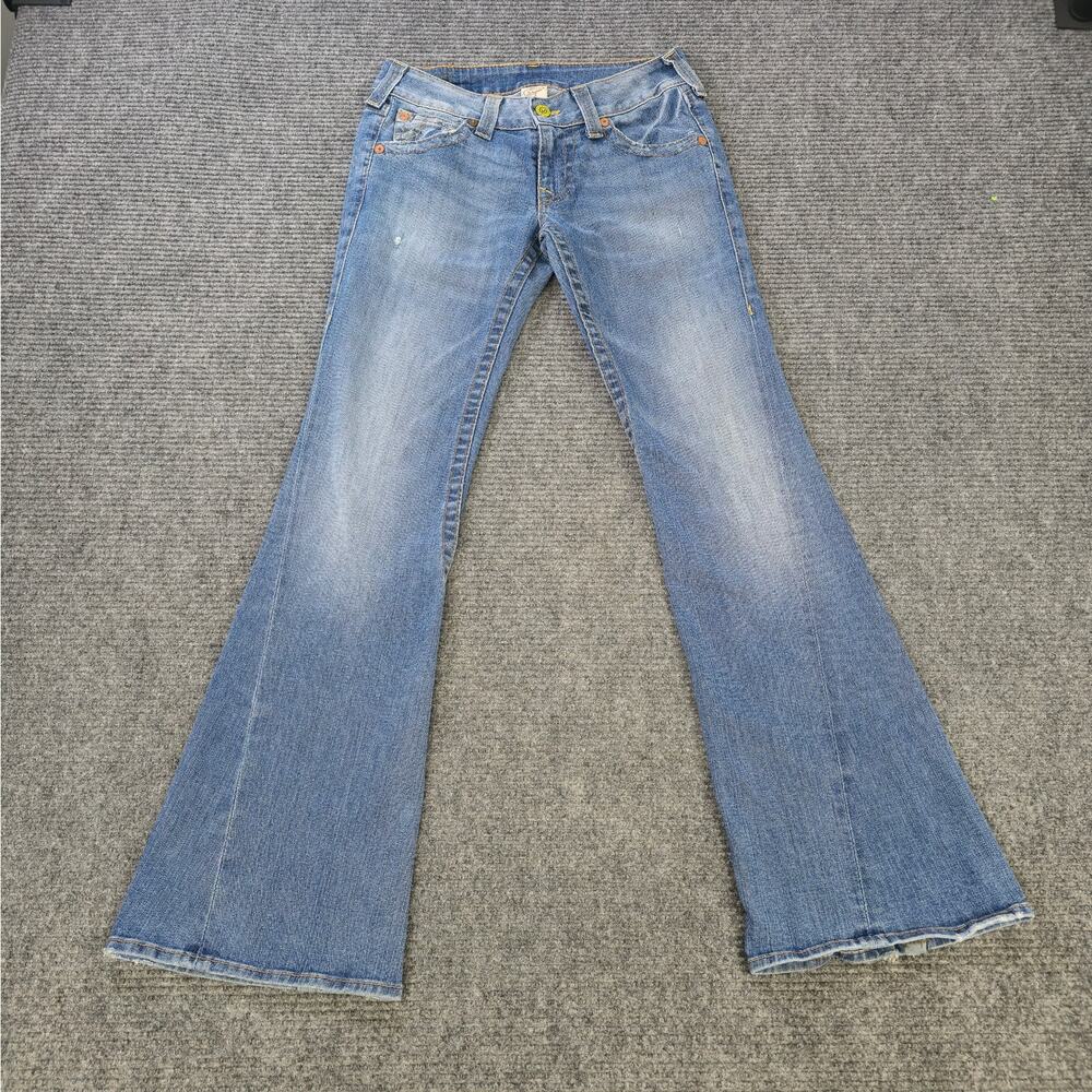 True Religion Jeans Womens 30 Blue Flare Low Rise USA Yellow Button